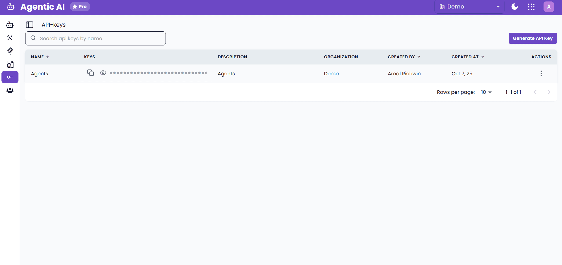 API Keys Landing Screen