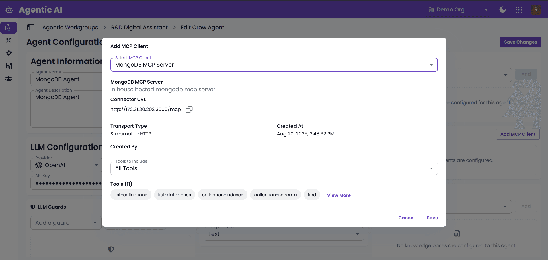 MCP Clients interface showing MCP client selection and configuration