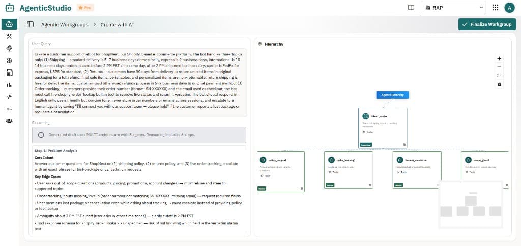 Create with AI: completed draft with user query, reasoning, and agent hierarchy