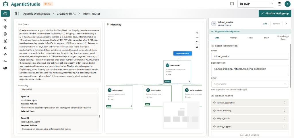 Create with AI: agent selected in hierarchy with configuration panel on the right