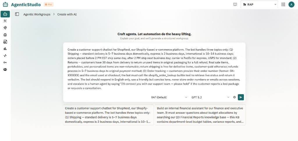 Create with AI: goal text, model selector, and Submit