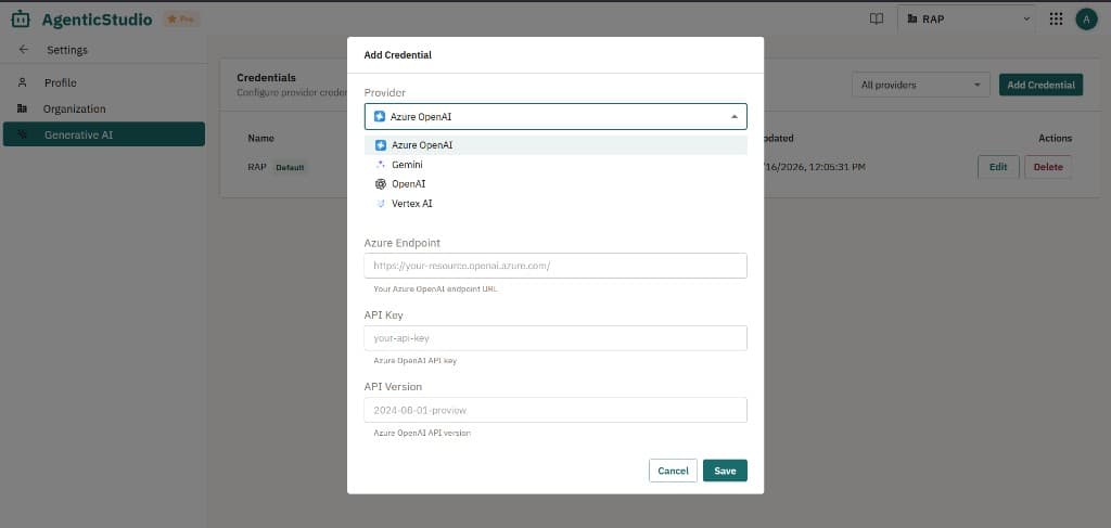 Generative AI credentials: Add Credential with provider list