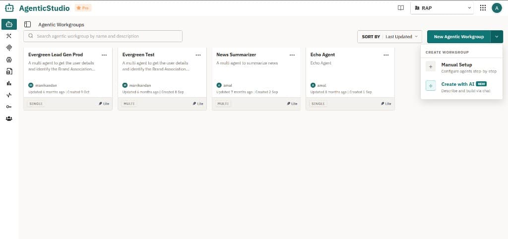 New Agentic Workgroup menu: Manual Setup and Create with AI