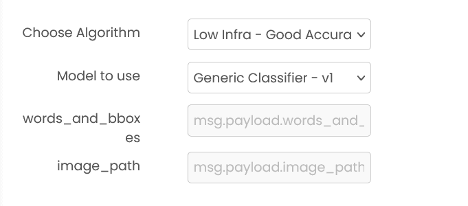 Document Classifier block configuration showing model selection and options