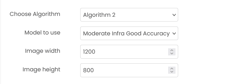 Image Classifier configuration with width and height dimension settings