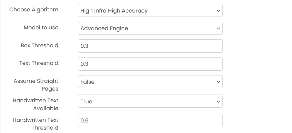 OCR configuration showing OCR type options and threshold settings (Part 1)