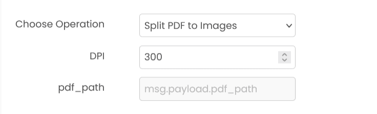 PDF Processor block showing split PDF to pages configuration