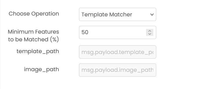 Template Matcher configuration showing feature matching settings