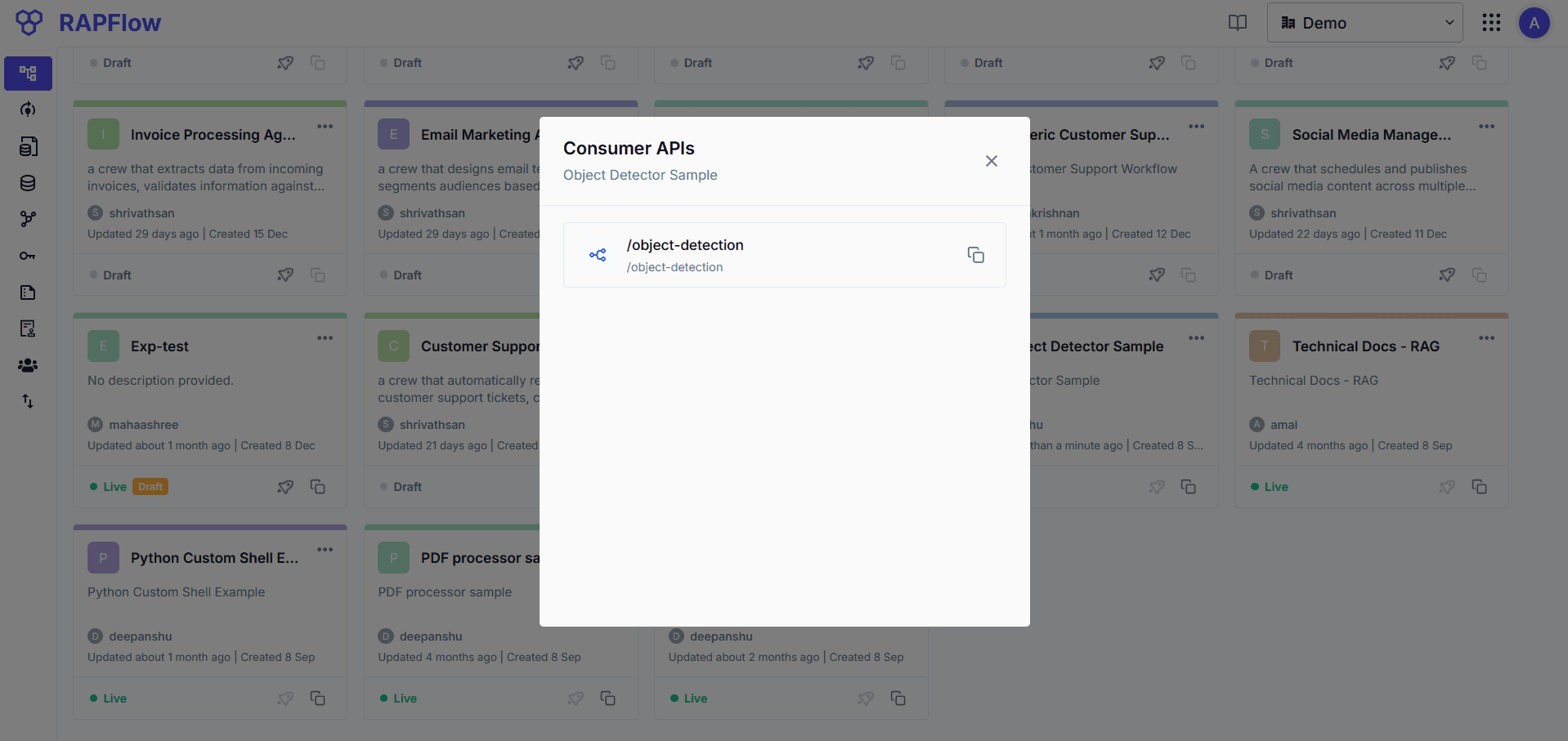 Consumer APIs dialog showing available API endpoints for a flow