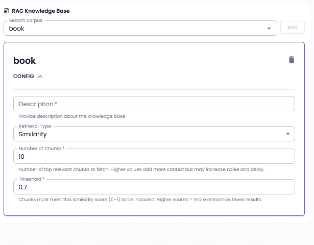 RAG Knowledge Base interface showing RAG knowledge base selection and configuration