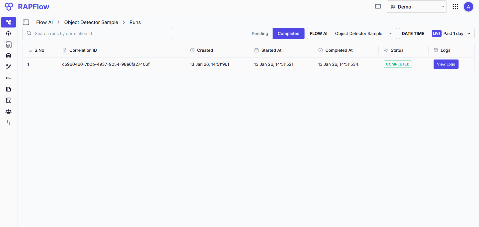Run Logs showing flow invocations with correlation IDs, timestamps, and status