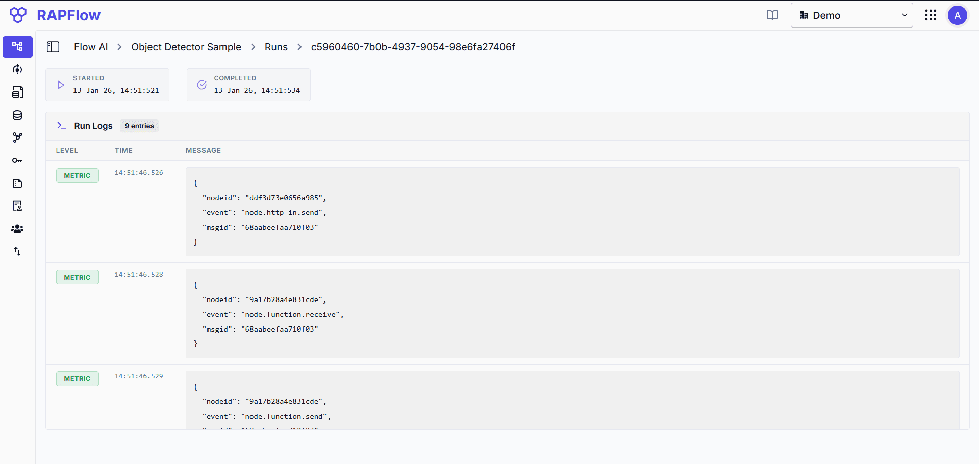 Detailed flow logs showing block execution with timestamps and payloads