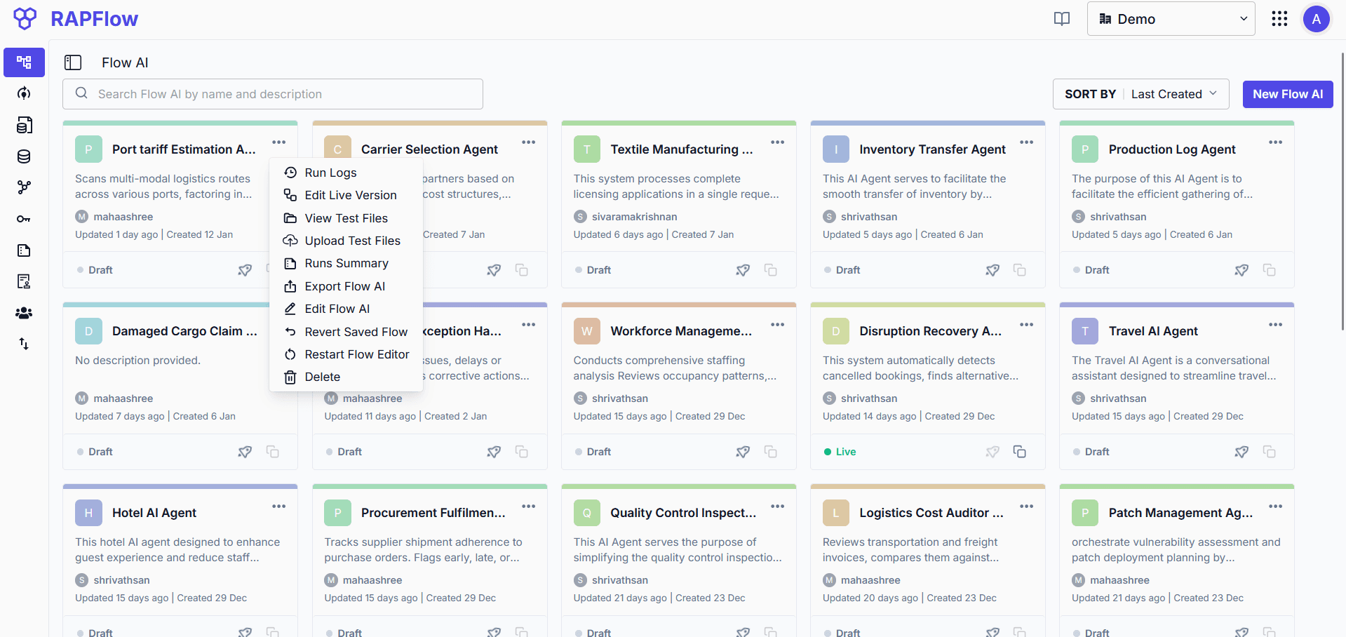 Flow AI options menu showing Run Logs, Edit Live Version, View Test Files, and other actions