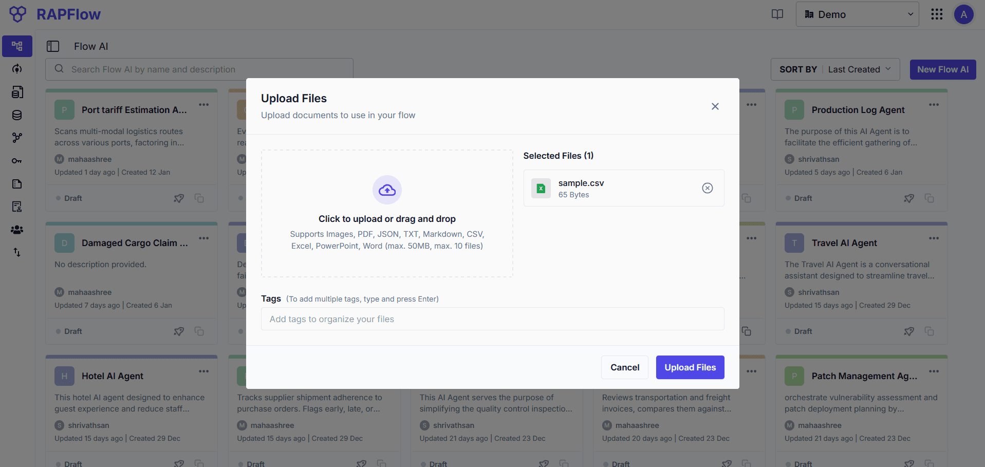 Upload Files dialog with drag and drop area and tag input