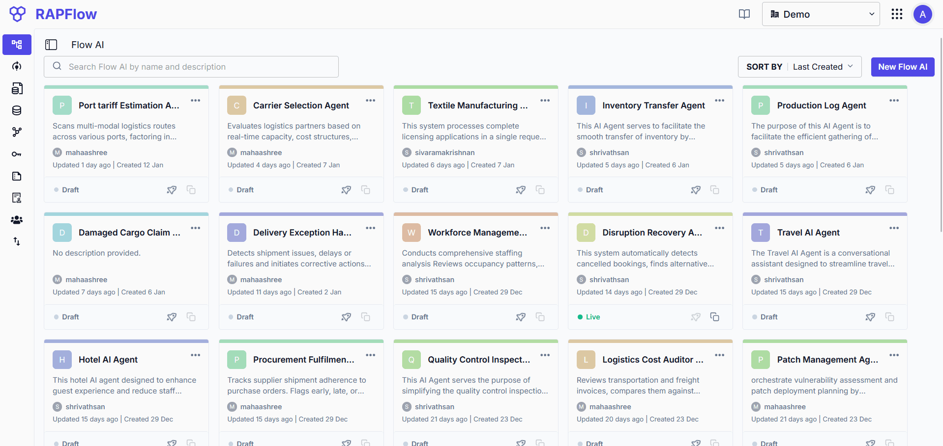 Flow AI Dashboard showing cards for various flow projects with status, author, and action buttons