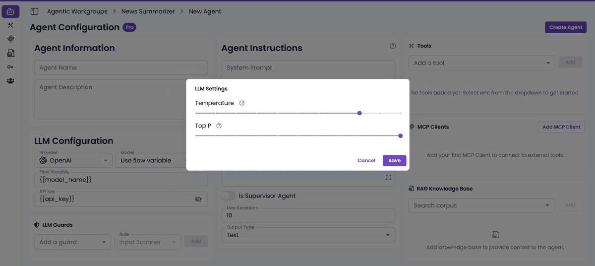 LLM Advanced Settings dialog showing temperature and top-p configuration options