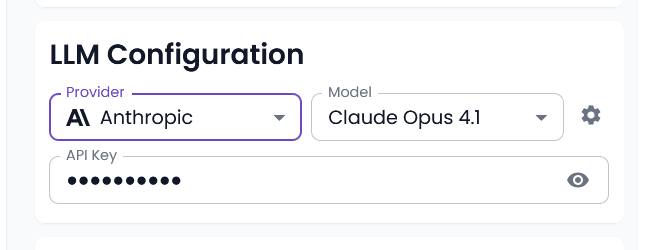 LLM Configuration interface showing provider selection, model dropdown, and advanced settings
