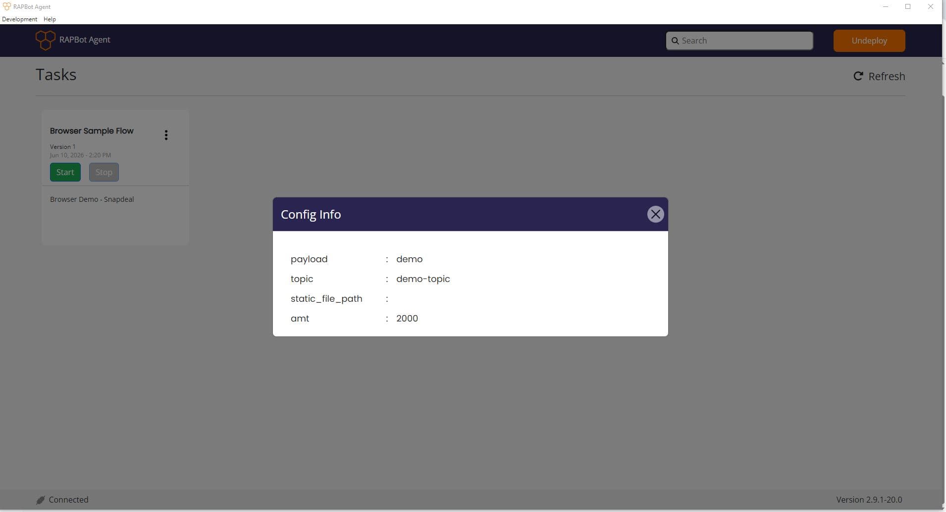 Config Info dialog showing payload, topic, static_file_path, and amt variables