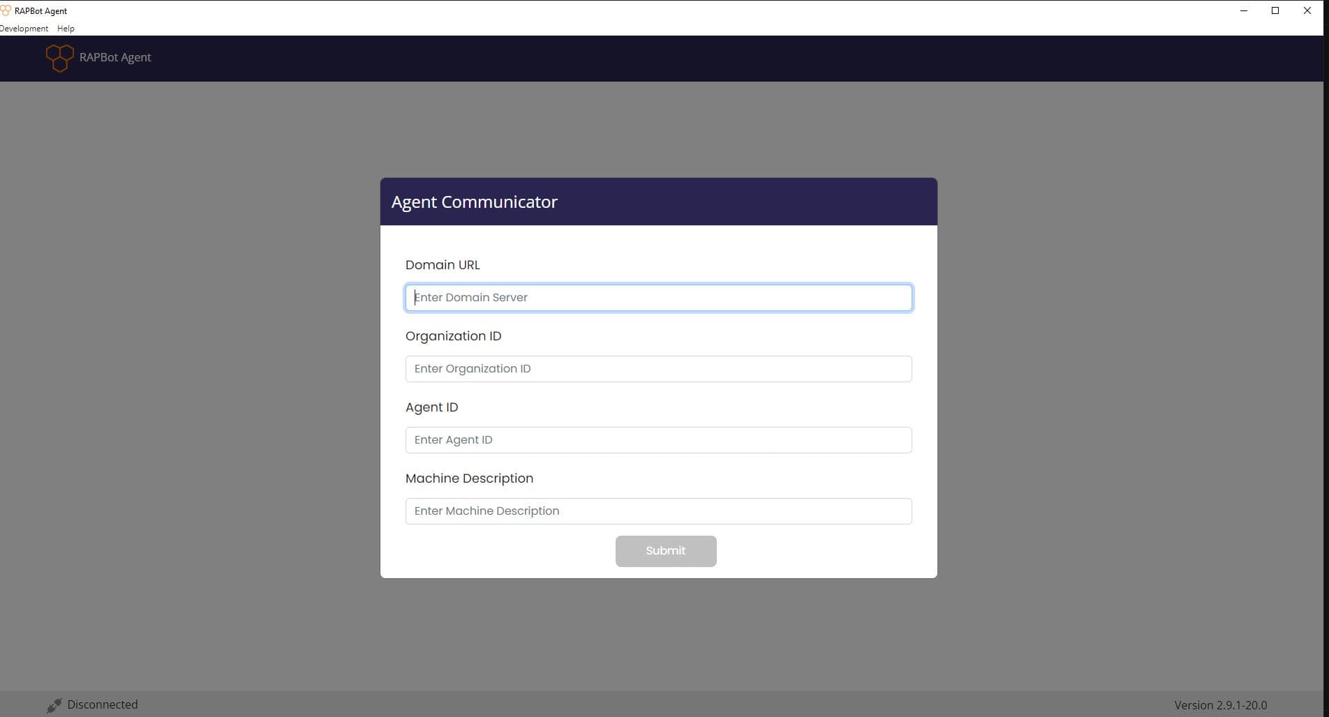 RAPBot Agent Communicator form with Domain URL, Organization ID, Agent ID, and Machine Description fields