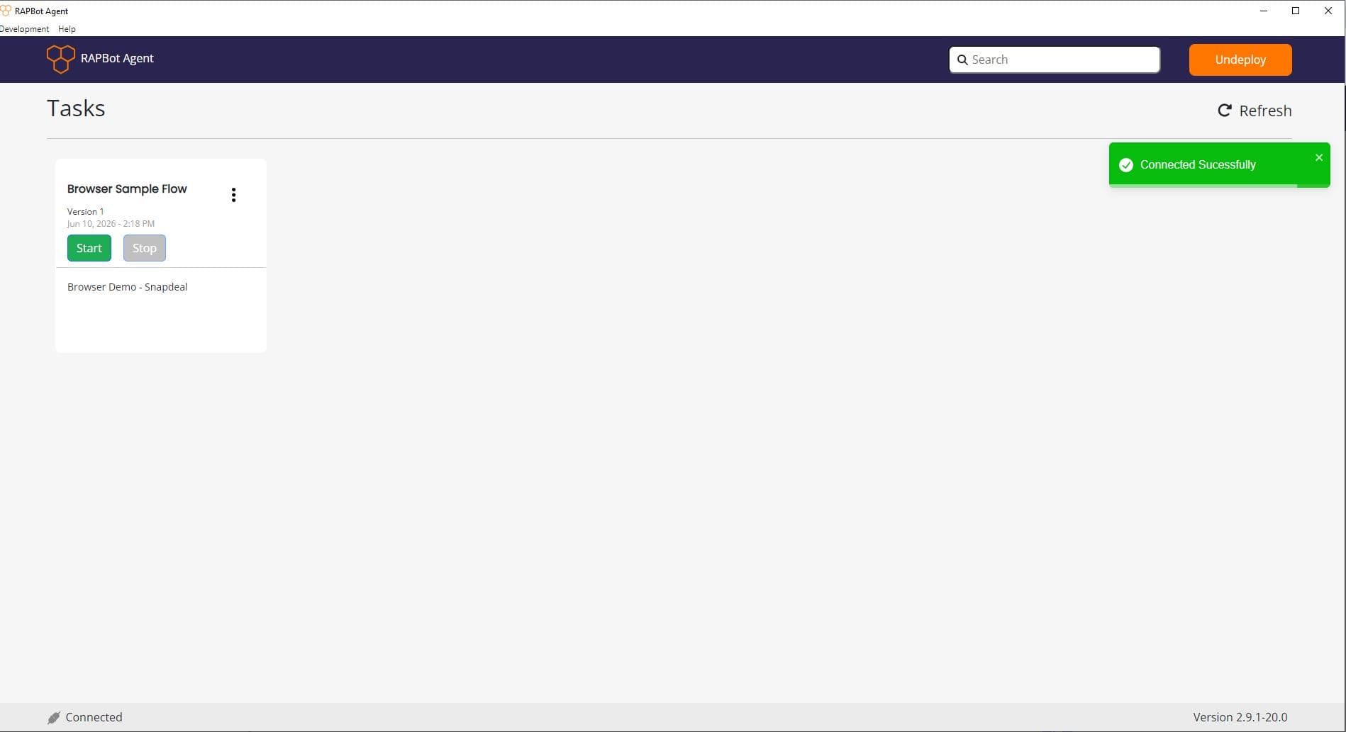 RAPBot Agent Tasks screen after successful connection