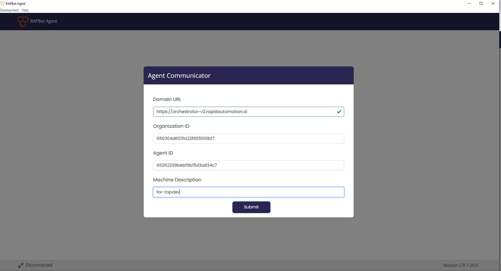 Agent Communicator form filled with connection details and green checkmark on Domain URL