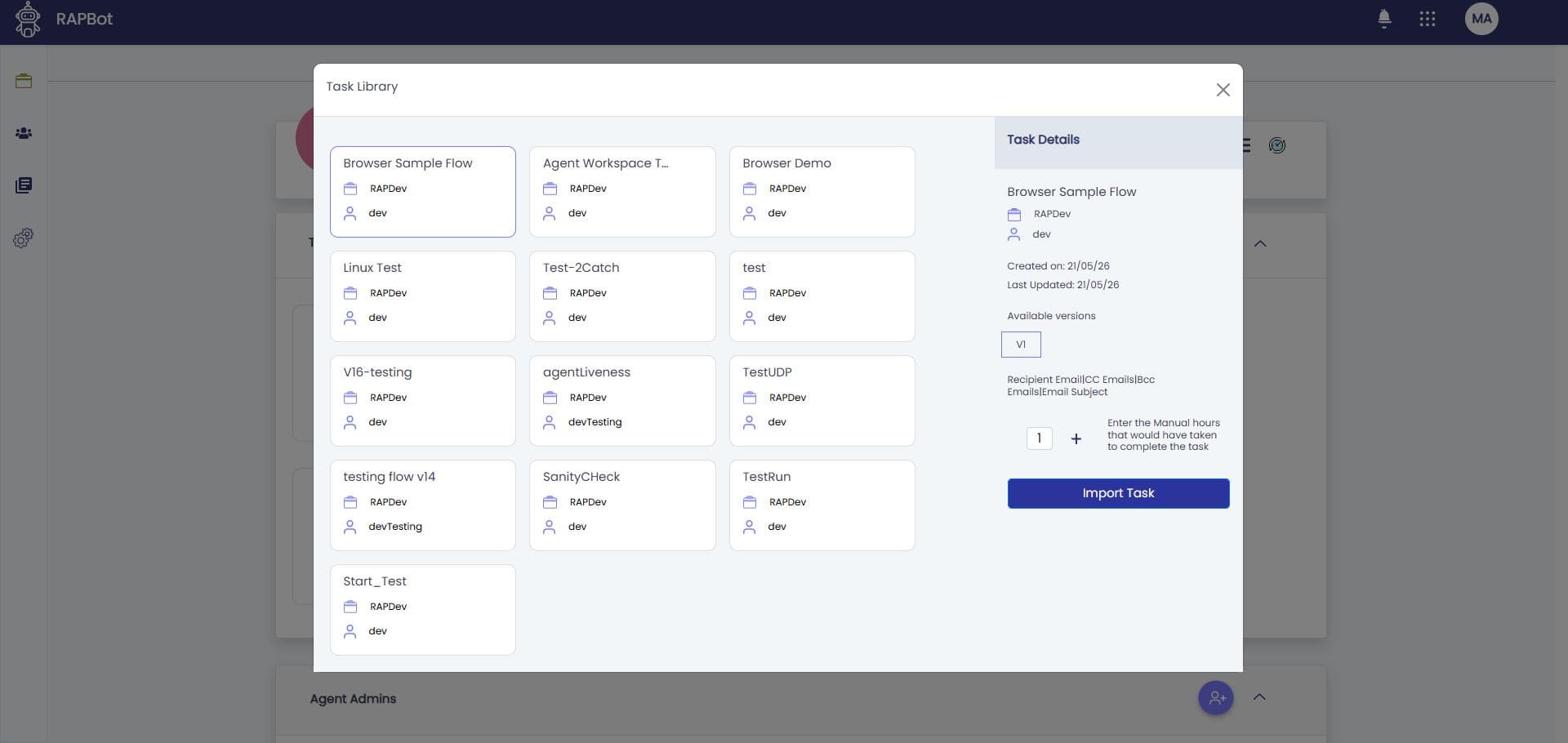 Orchestrator Task Library modal with Import Task button