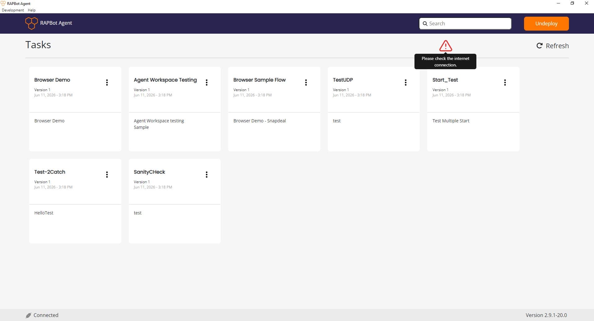 RAPBot Agent showing internet connection warning tooltip on Tasks screen