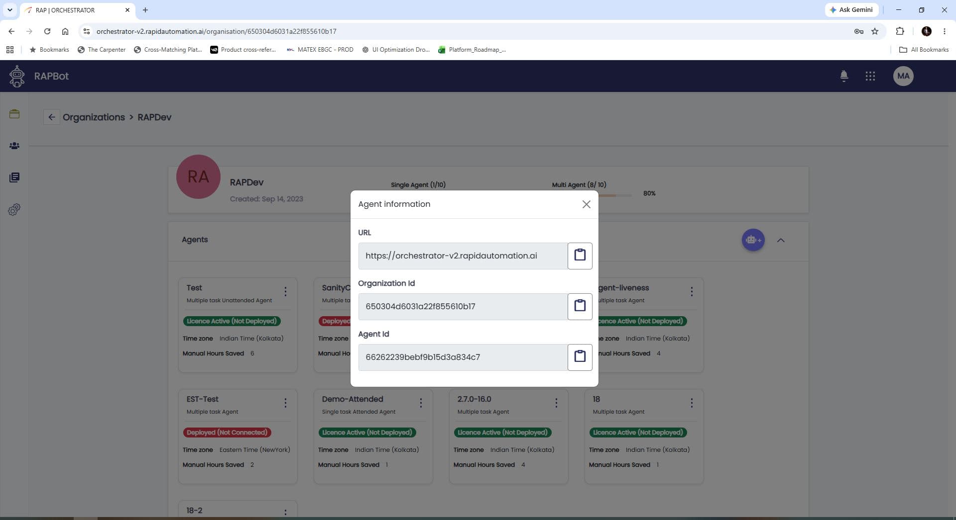 Orchestrator Agent information dialog showing URL, Organization Id, and Agent Id with copy buttons