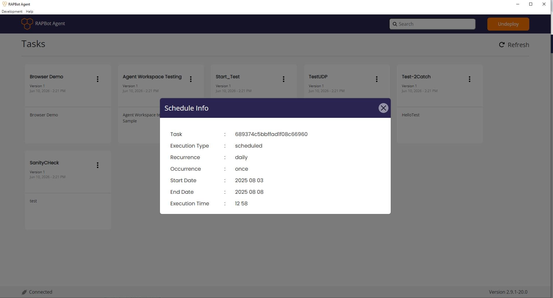 RAPBot Agent Schedule Info dialog showing recurrence and execution time