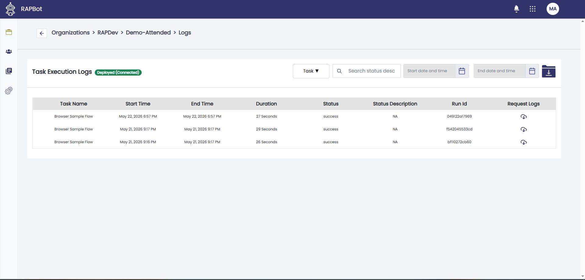 Orchestrator Task Execution Logs page with task runs table and filters