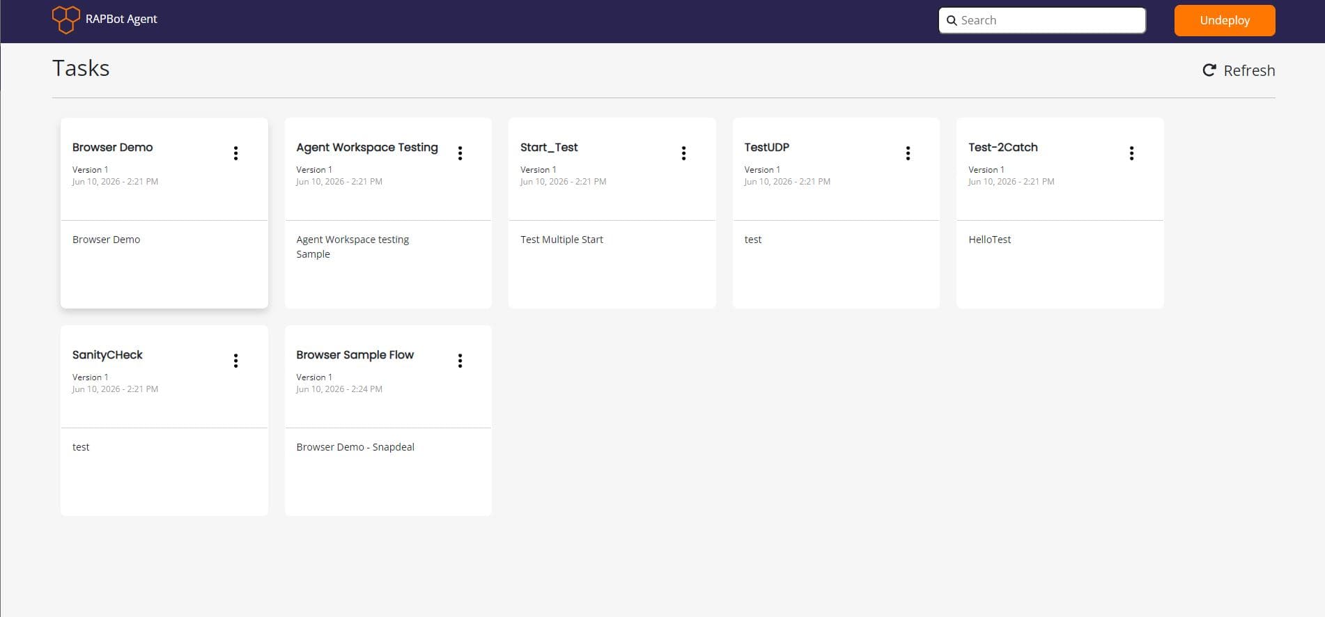 RAPBot Agent Tasks dashboard showing multiple synced task cards