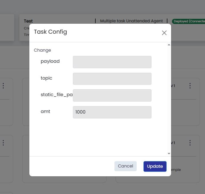 Orchestrator Task Config modal with payload, topic, static_file_path, and amt fields