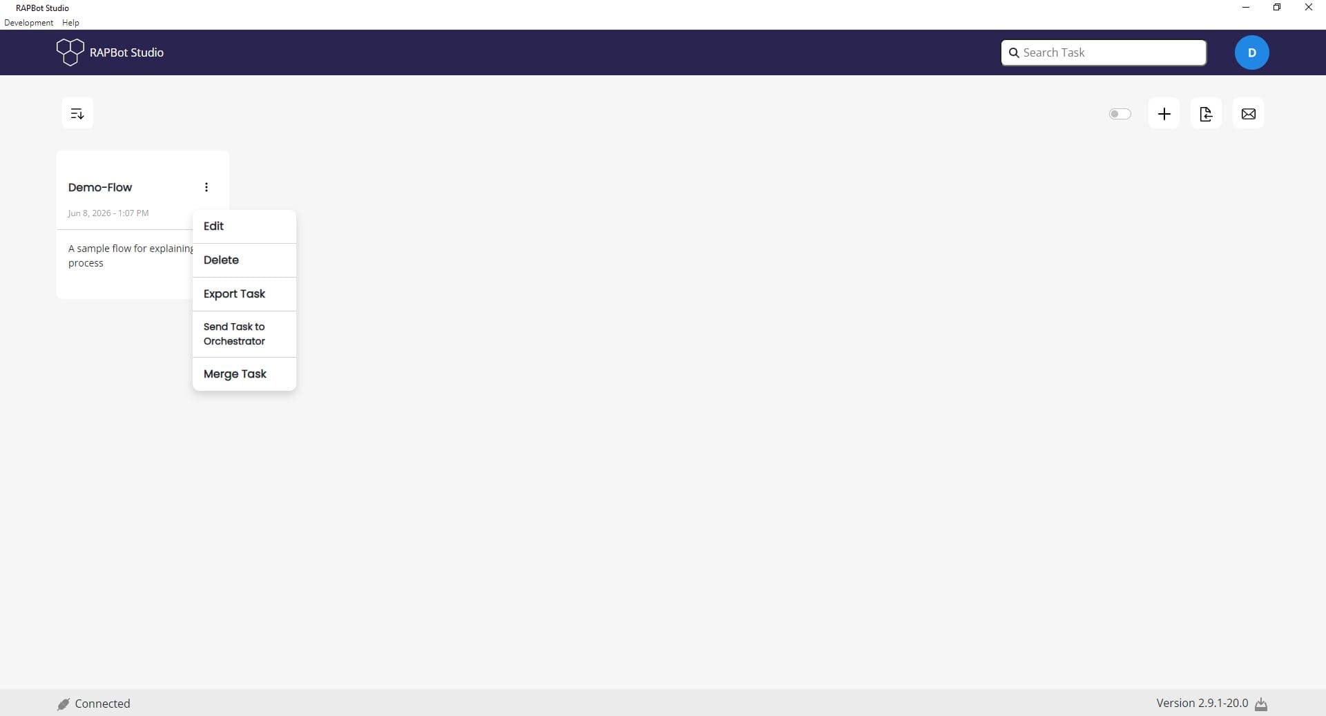 Bot Studio local task card options menu showing Edit, Delete, Export Task, Send Task to Orchestrator, and Merge Task