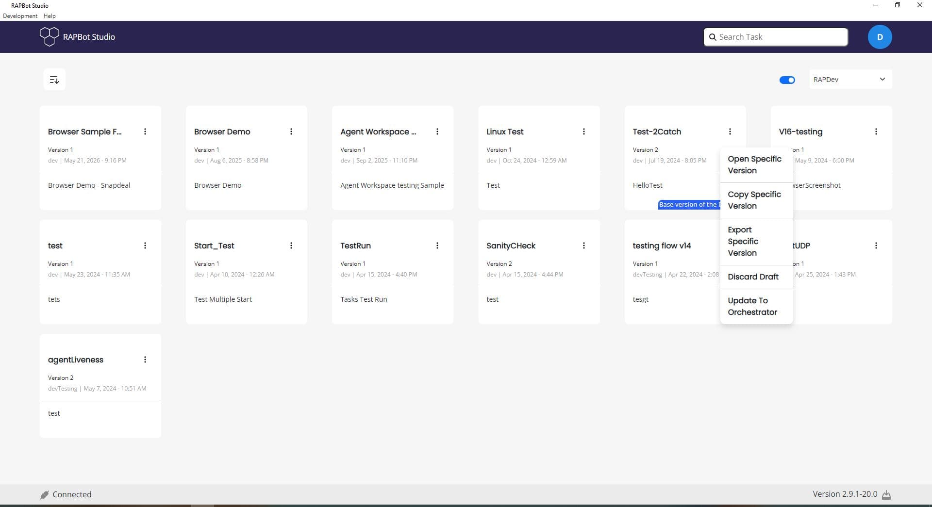 Bot Studio organization task options menu showing Open Specific Version, Copy, Export, Discard Draft, and Update To Orchestrator