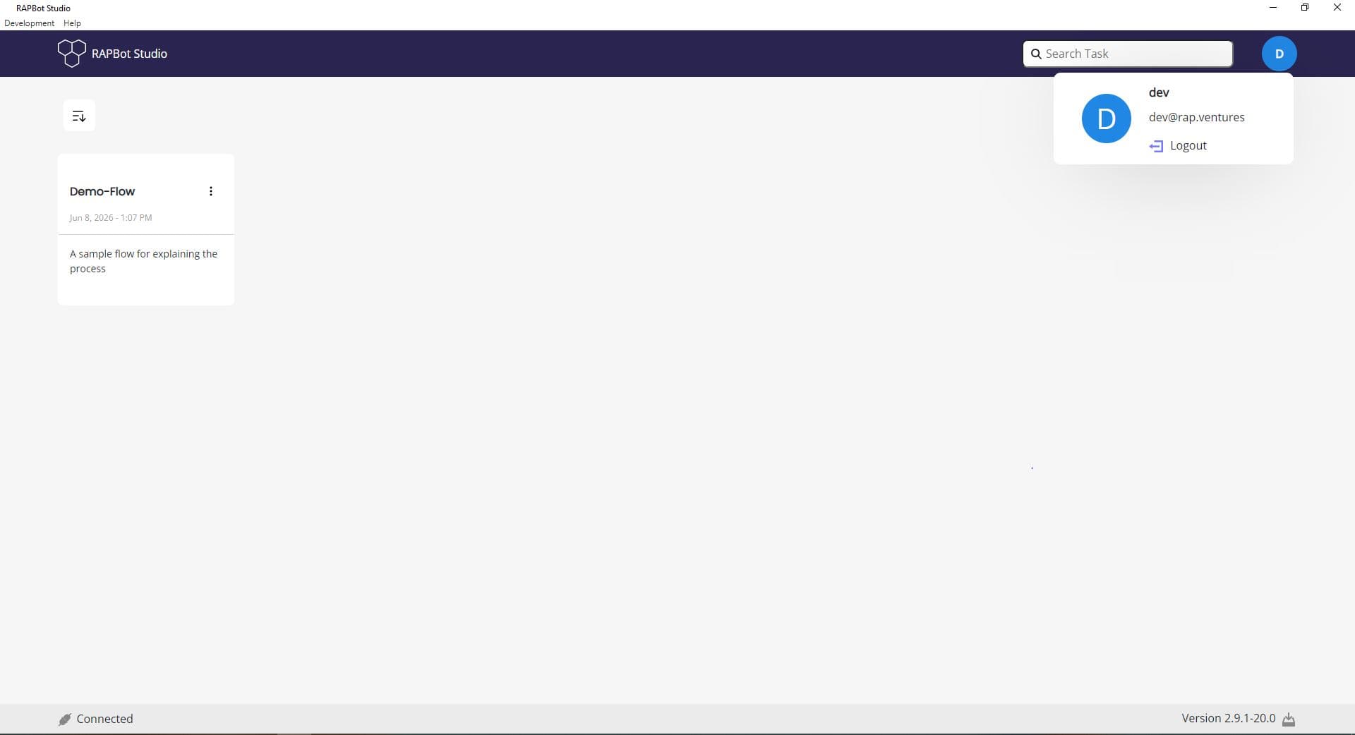 Bot Studio user menu showing username dev, email dev@rap.ventures, and Logout button