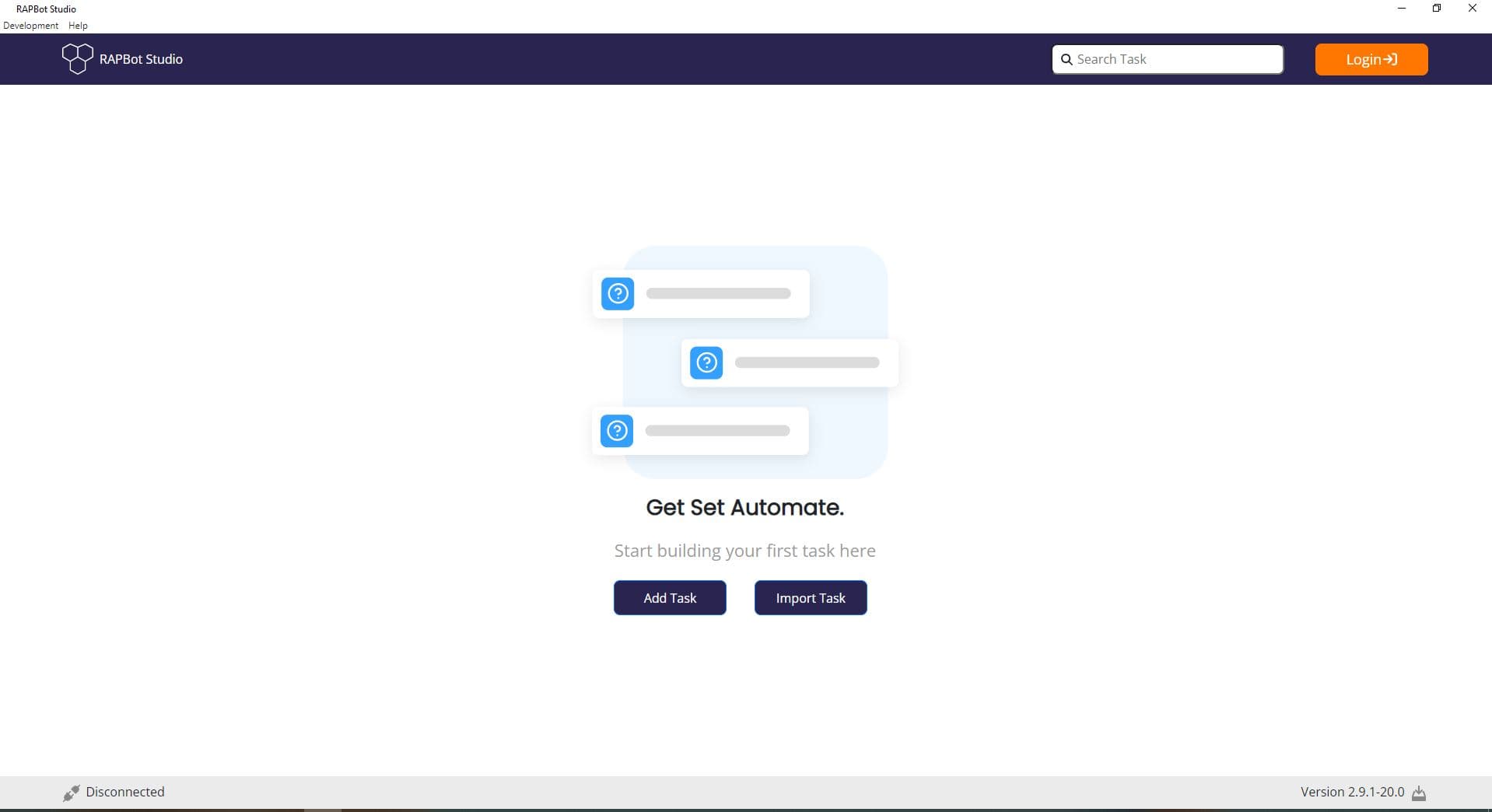 Bot Studio landing page showing Get Set Automate welcome screen with Add Task and Import Task buttons