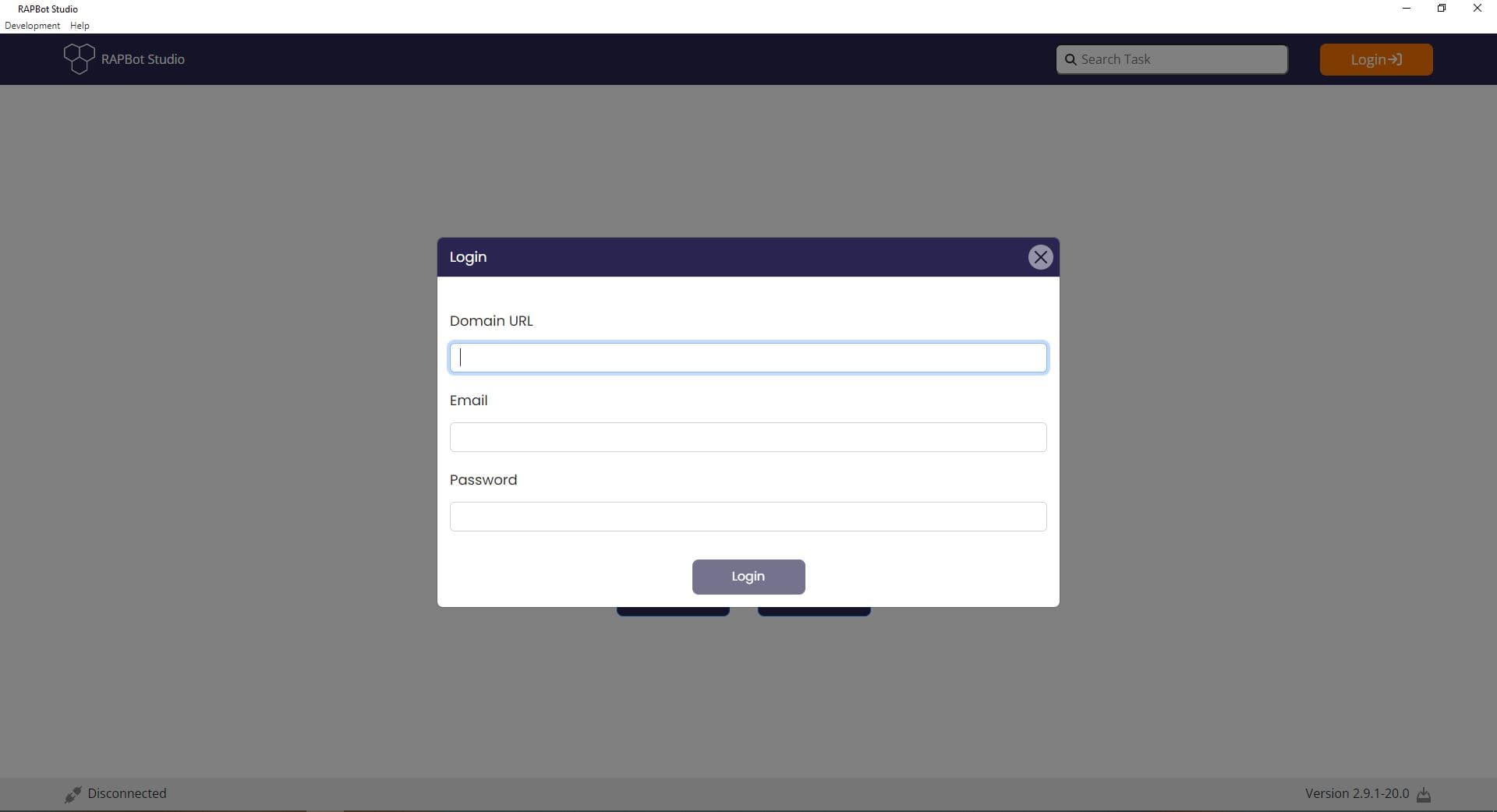 Bot Studio login dialog with Domain URL, Email, and Password fields