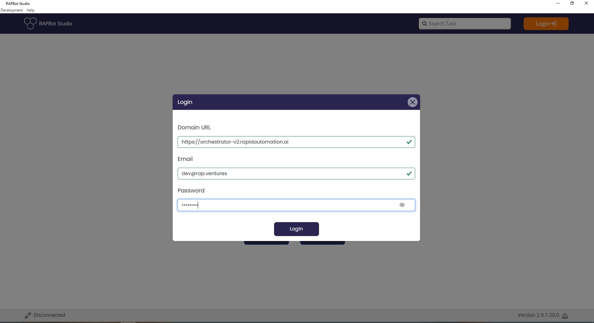 Bot Studio login form filled with Domain URL, email, and password with validation checkmarks