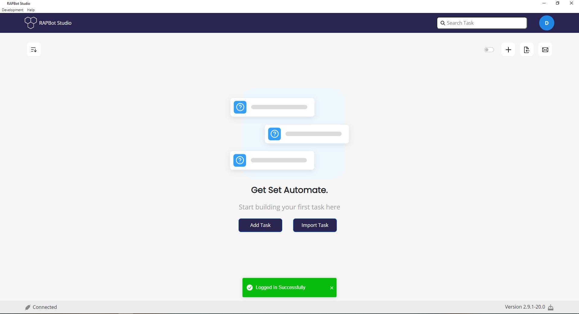 Bot Studio dashboard after login showing user avatar, Connected status, and Logged In Successfully notification