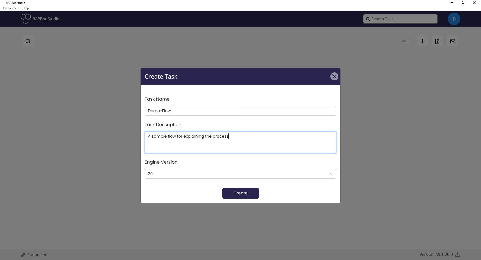 Bot Studio Create Task dialog with Task Name, Task Description, and Engine Version fields