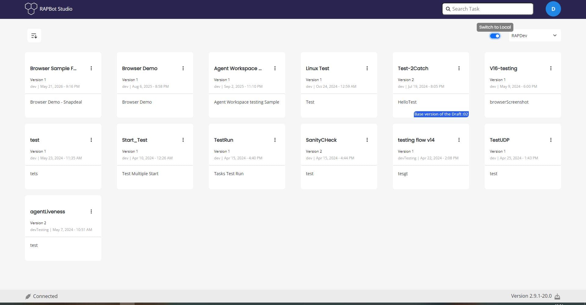 Bot Studio organization tasks grid with Switch to Local toggle and RAPDev environment dropdown