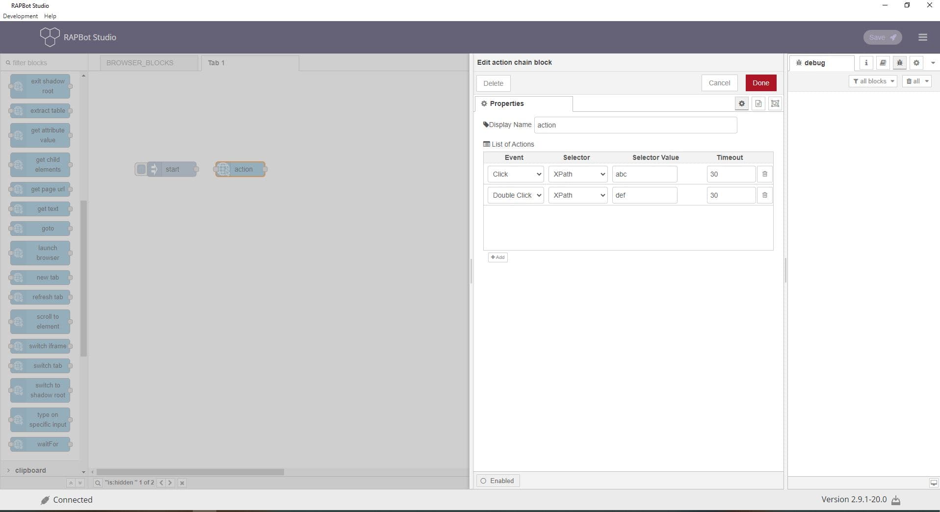 Bot Studio action chain block configuration