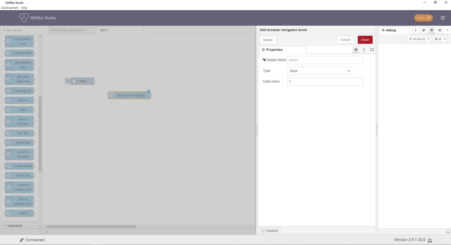 Bot Studio browser navigation block configuration