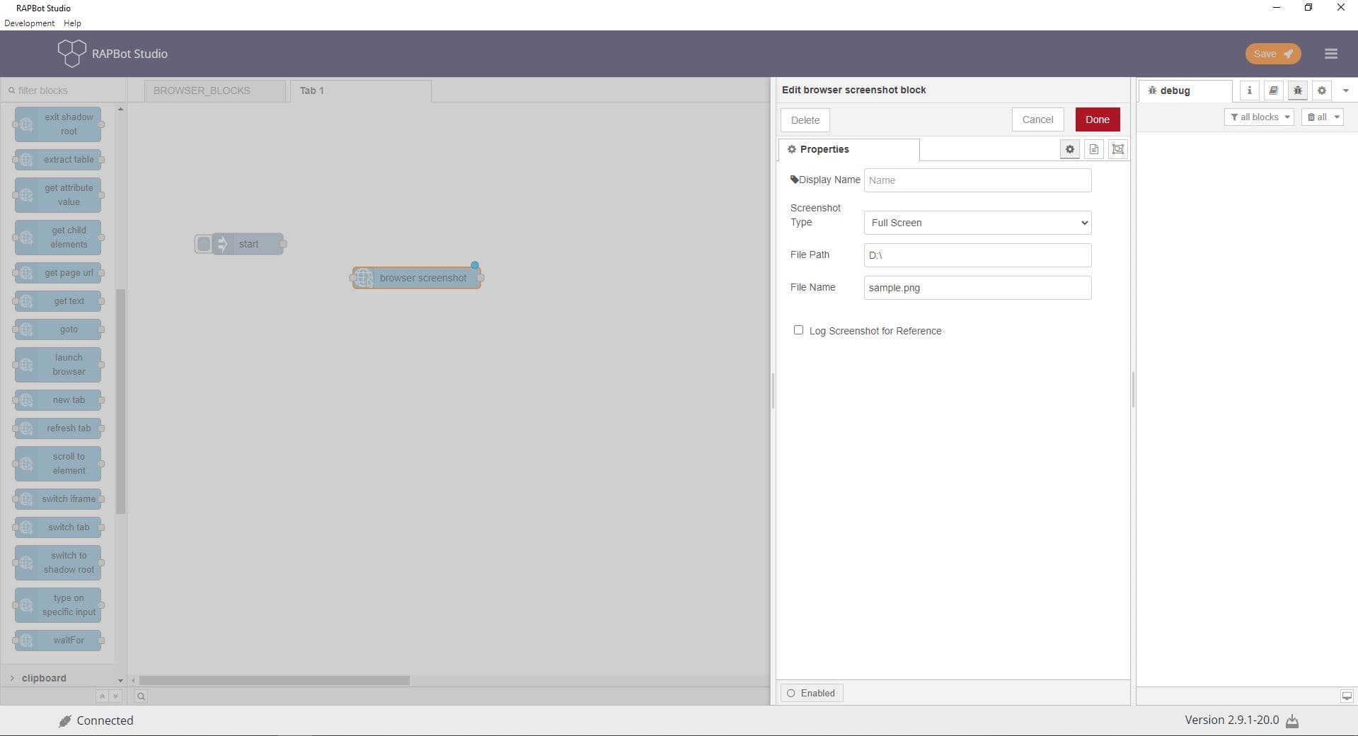 Bot Studio browser screenshot block configuration