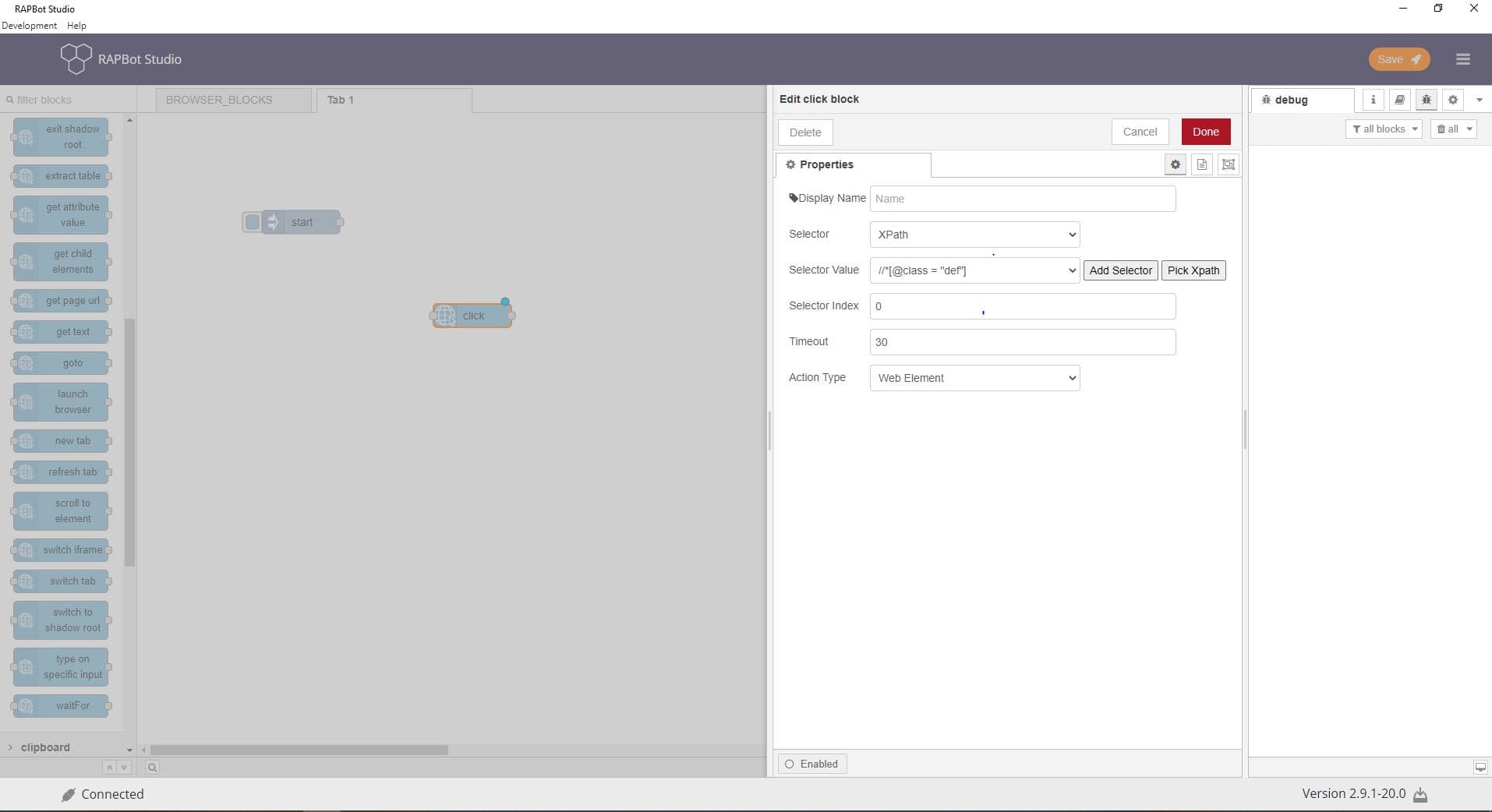 Bot Studio click block configuration