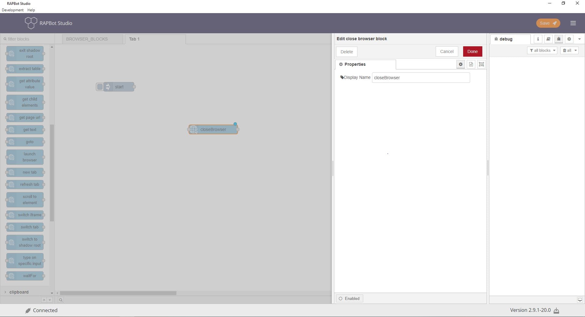Bot Studio close browser block configuration