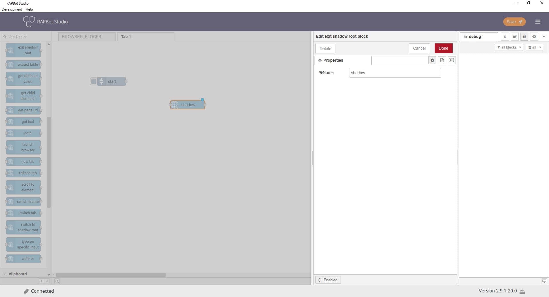 Bot Studio exit shadow root block configuration