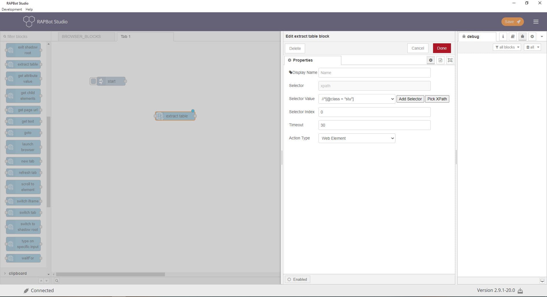 Bot Studio extract table block configuration