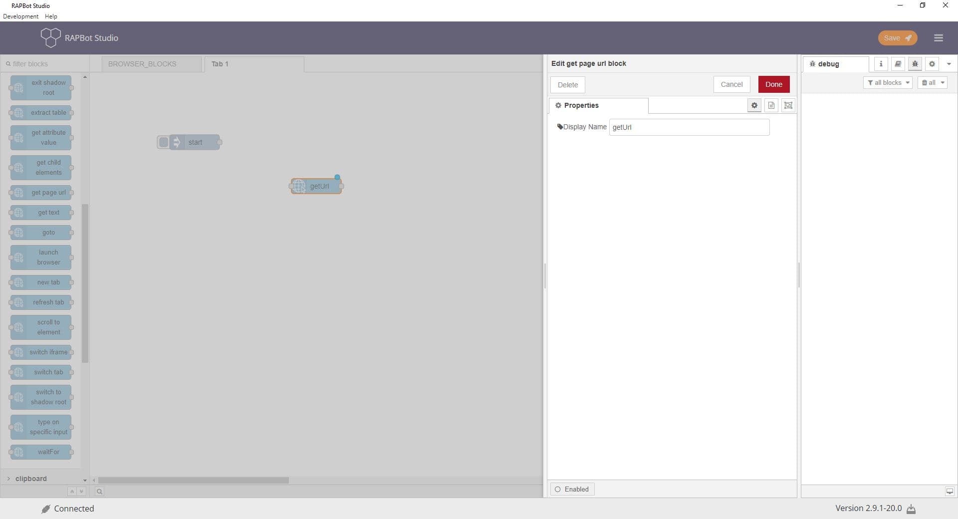 Bot Studio get page url block configuration