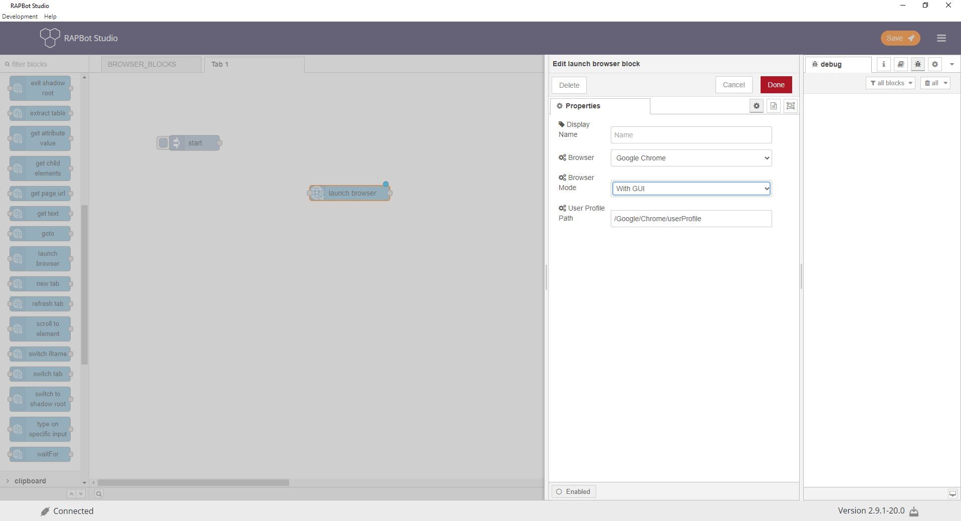 Bot Studio launch browser block configuration